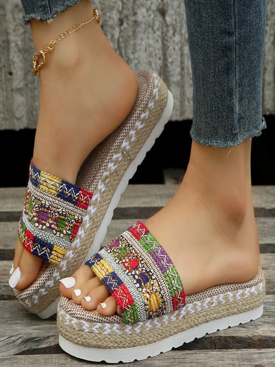 Neu Ethnisch Stil Pantoletten für Damen Hanf Seil Golden Linie Geometrisch Dicker Boden Plateau Pantoletten