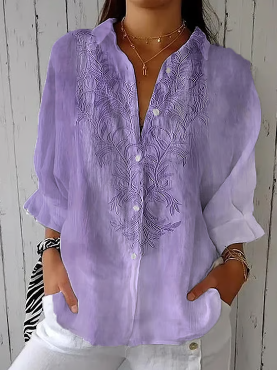 Damen Geblümt Dreiviertelärmel Bluse Frühling/Herbst Print Hemdkragen Täglich Lässig Oberteile