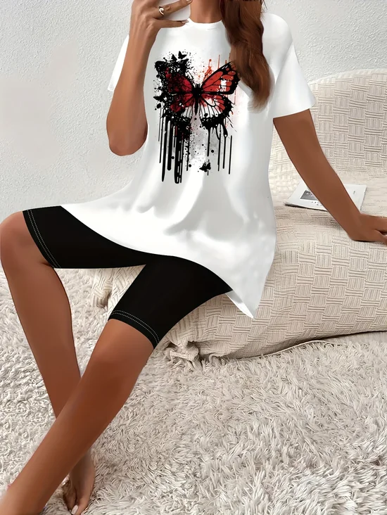 Damen Schmetterling Print Zweiteiliges Set Täglich Kurzarm Lässig Sommer Bluse mit Hose Matching Set