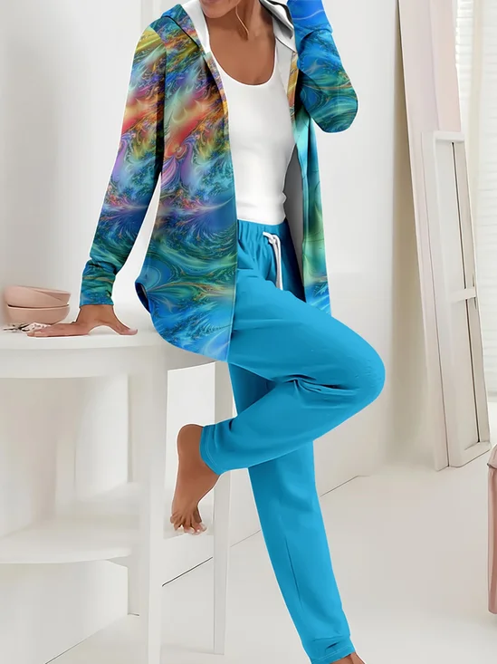 Damen Abstrakt Print Zweiteiliges Set Täglich Langarm Lässig Frühling/Herbst Mantel mit Hosen Matching Set