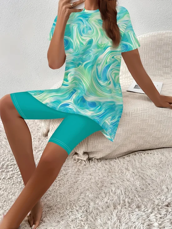 Damen Abstrakt Print Zweiteiliges Set Täglich Kurzarm Lässig Sommer Bluse mit Hose Matching Set