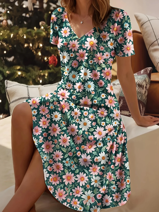 Damen Geblümt Kurzarm Sommer Print Kleid V-Ausschnitt Täglich Lässig Midi Passen & Flare Kleid A-Linien-Kleid