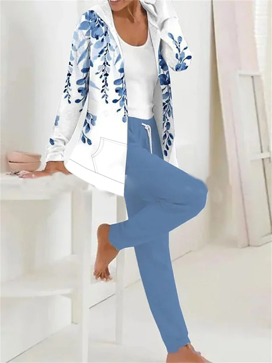 Damen Geblümt Print Zweiteiliges Set Täglich Langarm Lässig Frühling/Herbst Mantel mit Hosen Matching Set