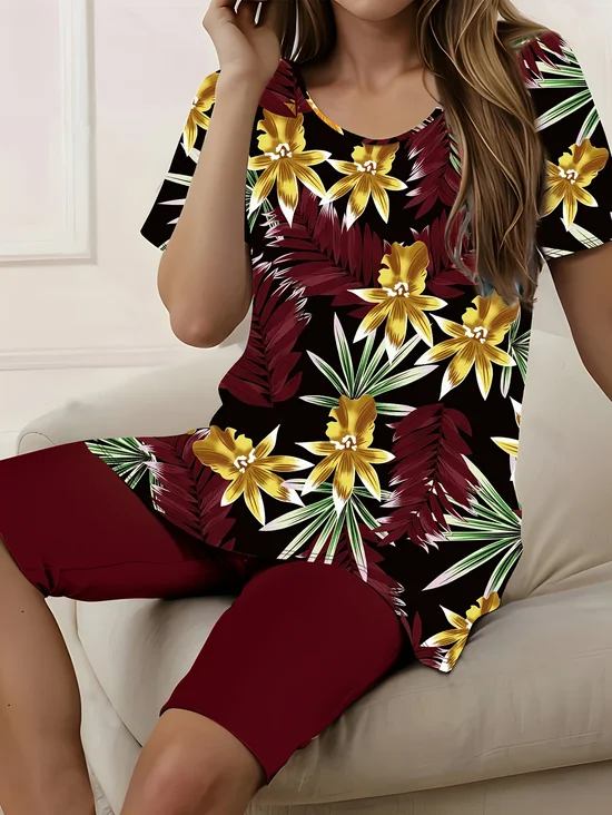 Damen Geblümt Print Zweiteiliges Set Täglich Kurzarm Lässig Sommer Bluse mit Hose Matching Set