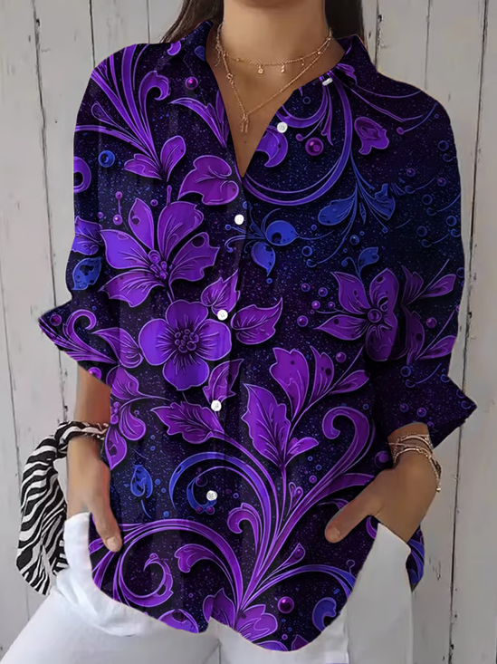 Damen Geblümt Dreiviertelärmel Bluse Frühling/Herbst Print Hemdkragen Täglich Lässig Oberteile
