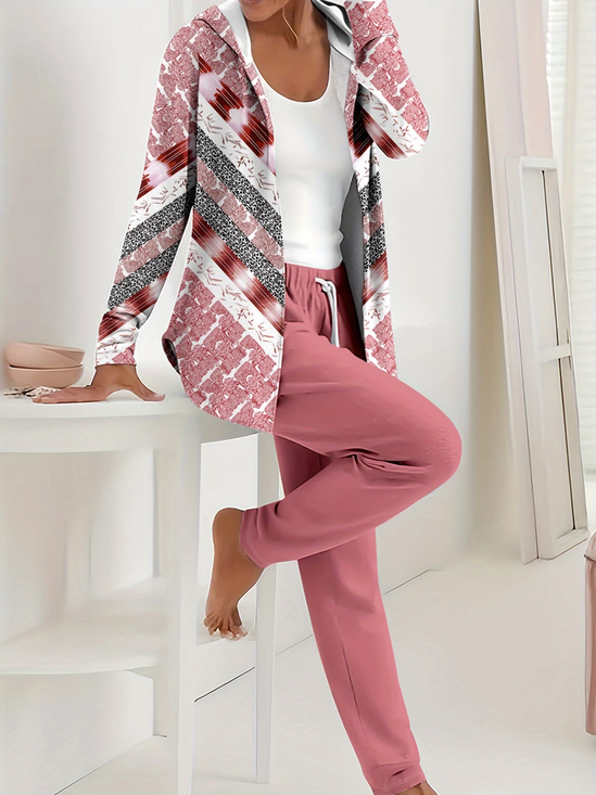 Damen Abstrakt Print Zweiteiliges Set Täglich Langarm Lässig Frühling/Herbst Mantel mit Hosen Matching Set