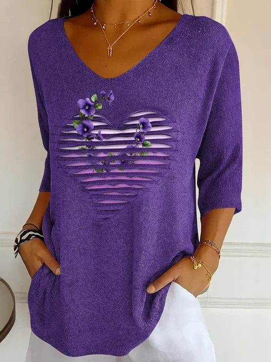 Damen Geblümt Dreiviertelärmel T-Shirts T-Shirt V-Ausschnitt Print Lässig Frühling/Herbst T-Shirt mit Grafik Oberteile