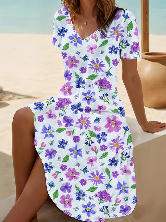 Damen Geblümt Kurzarm Sommer Print Kleid V-Ausschnitt Täglich Lässig Midi Passen & Flare Kleid A-Linien-Kleid