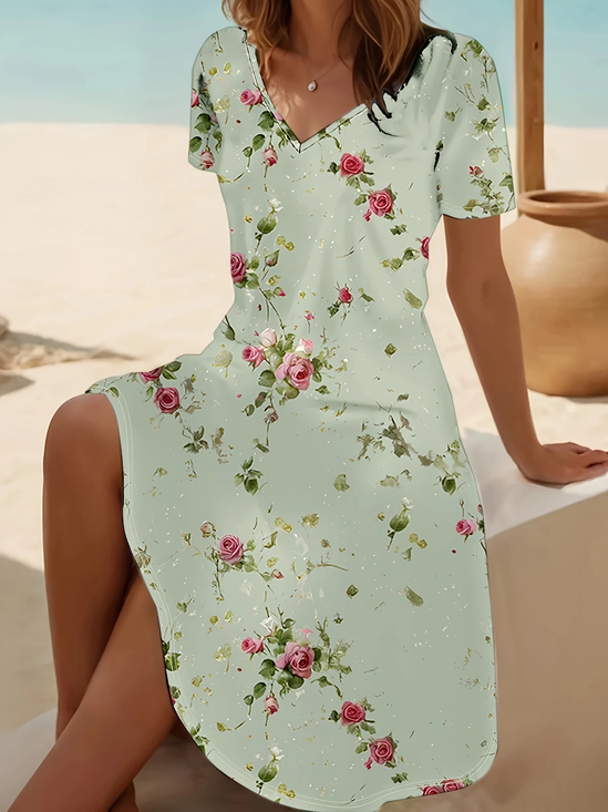 Damen Geblümt Kurzarm Sommer Print Kleid V-Ausschnitt Täglich Lässig Midi Passen & Flare Kleid A-Linien-Kleid