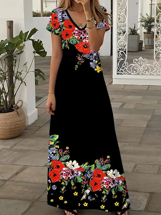 Damen Geblümt Kurzarm Sommer Print Kleid V-Ausschnitt Täglich Lässig Maxikleid X-Linie Kleid