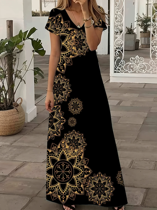 Damen Geblümt Kurzarm Sommer Print Kleid V-Ausschnitt Täglich Lässig Maxikleid X-Linie Kleid