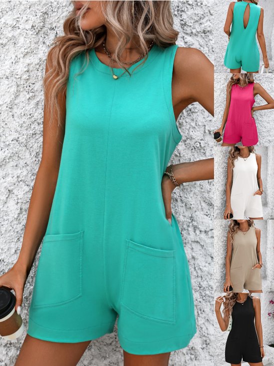 Damen Unifarben Rundhals Ärmellos Lässig Sommer Baumwolle Jumpsuit