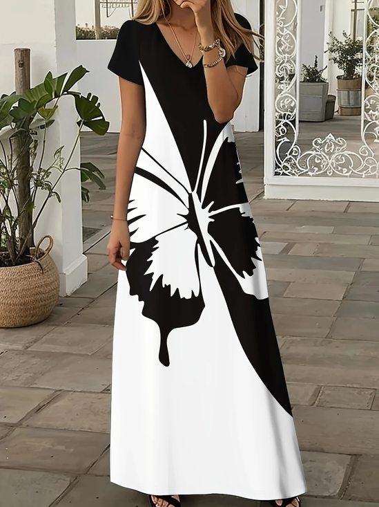 Damen Schmetterling Kurzarm Sommer Print Kleid V-Ausschnitt Täglich Lässig Maxikleid X-Linie Kleid