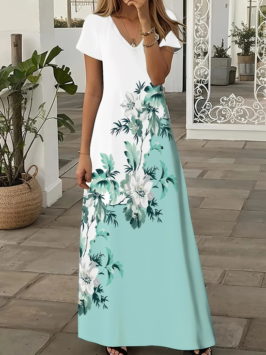 Damen Geblümt Kurzarm Sommer Print Kleid V-Ausschnitt Täglich Lässig Maxikleid X-Linie Kleid
