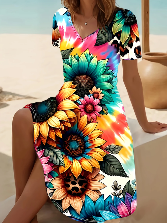Damen Geblümt Kurzarm Sommer Print Kleid V-Ausschnitt Täglich Lässig Midi Passen & Flare Kleid A-Linien-Kleid