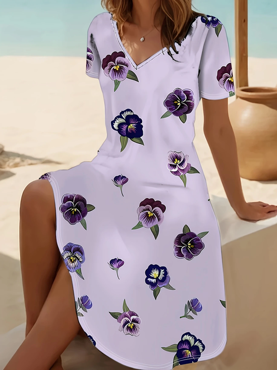 Damen Geblümt Kurzarm Sommer Print Kleid V-Ausschnitt Täglich Lässig Midi Passen & Flare Kleid A-Linien-Kleid