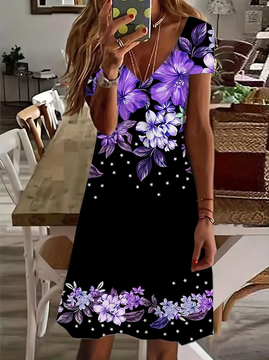 Damen Geblümt Kurzarm Sommer Print Kleid V-Ausschnitt Täglich Lässig Midi Passen & Flare Kleid A-Linien-Kleid