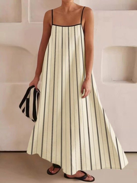 Damen Gestreift Ärmellos Sommer Nahtverarbeitung Kleid Karree-Ausschnitt Täglich Retro Maxikleid Tanktop A-Linien-Kleid