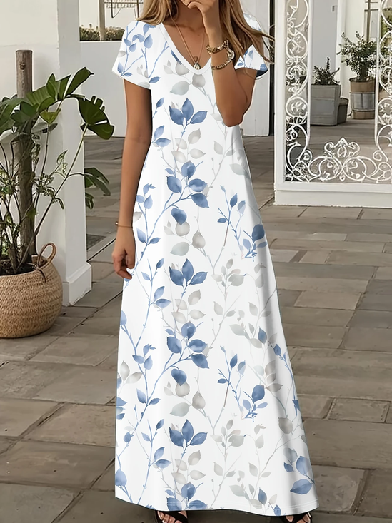 Damen Geblümt Kurzarm Sommer Print Kleid V-Ausschnitt Täglich Lässig Maxikleid X-Linie Kleid