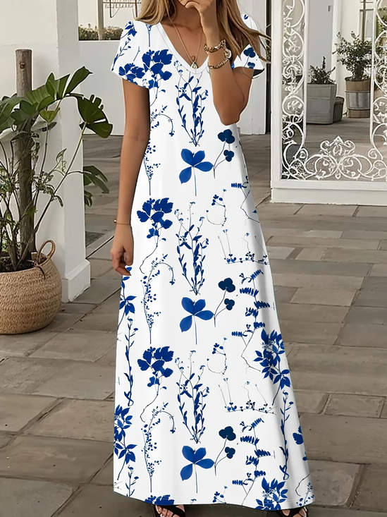 Damen Geblümt Kurzarm Sommer Print Kleid V-Ausschnitt Täglich Lässig Maxikleid X-Linie Kleid