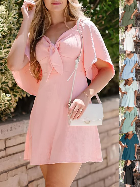 Damen Unifarben Kurzarm Sommer Nahtverarbeitung Kleid V-Ausschnitt Dolman-Ärmel Täglich Retro Midi Rüschenrock A-Linien-Kleid