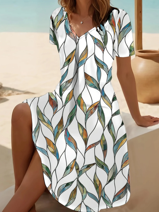 Damen Blätter Kurzarm Sommer Print Kleid V-Ausschnitt Täglich Lässig Midi Passen & Flare Kleid A-Linien-Kleid