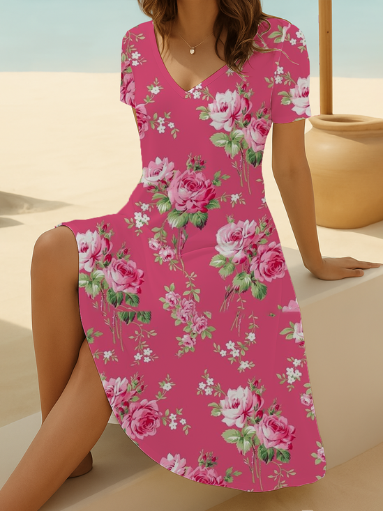 Damen Geblümt Kurzarm Sommer Print Kleid V-Ausschnitt Täglich Lässig Midi Passen & Flare Kleid A-Linien-Kleid