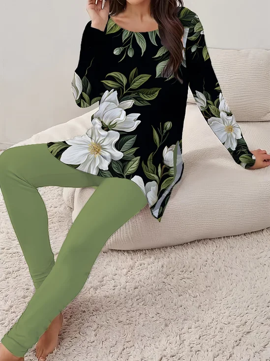 Damen Geblümt Print Zweiteiliges Set Täglich Langarm Lässig Frühling/Herbst Bluse mit Hose Matching Set