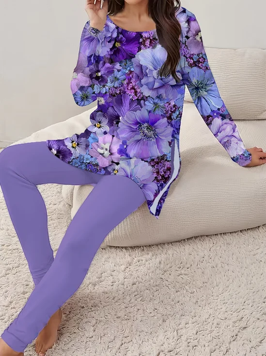 Damen Geblümt Print Zweiteiliges Set Täglich Langarm Lässig Frühling/Herbst Bluse mit Hose Matching Set
