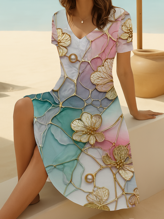 Damen Geblümt Kurzarm Sommer Print Kleid V-Ausschnitt Täglich Lässig Midi Passen & Flare Kleid A-Linien-Kleid
