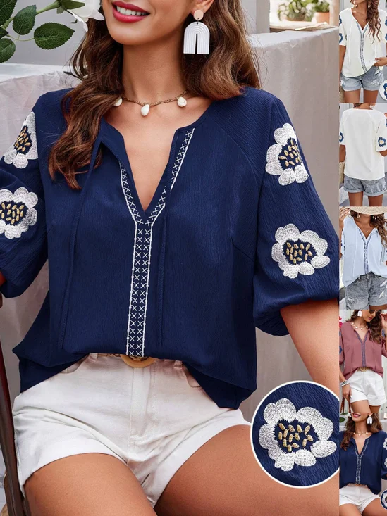 Damen Geblümt Halbarm Bluse Sommer Stickerei V-Ausschnitt Täglich Lässig Oberteile