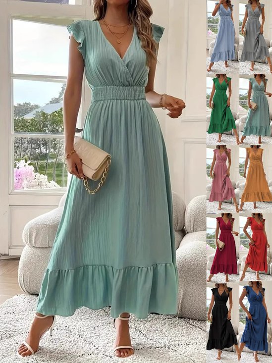 Damen Unifarben Kurzarm Sommer Nahtverarbeitung Kleid V-Ausschnitt Rüschenärmel Täglich Retro Maxikleid Tanktop A-Linien-Kleid