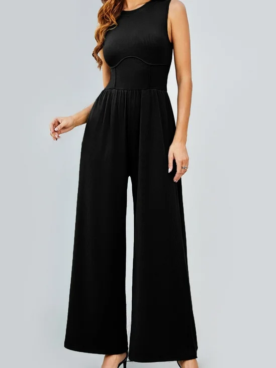 Damen Unifarben Rundhals Ärmellos Lässig Sommer Jumpsuit