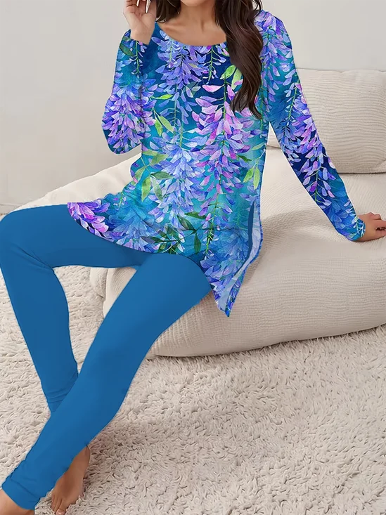 Damen Geblümt Print Zweiteiliges Set Täglich Langarm Lässig Frühling/Herbst Bluse mit Hose Matching Set
