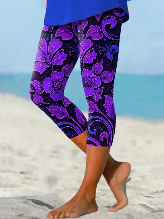 Damen Geblümt Caprihosen Elastische Taille Hose Lässig Sommer Hose