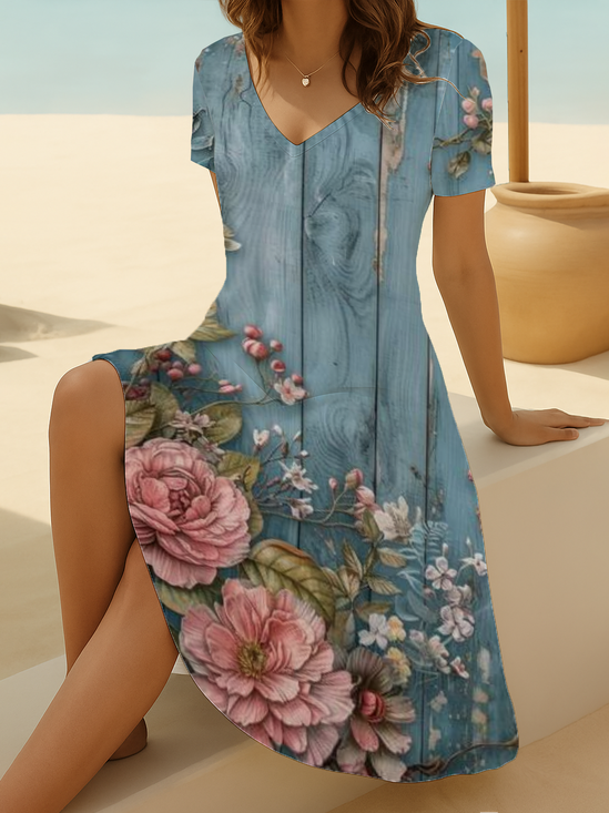 Damen Geblümt Kurzarm Sommer Print Kleid V-Ausschnitt Täglich Lässig Midi Passen & Flare Kleid A-Linien-Kleid