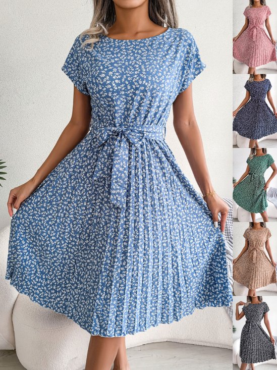 Damen Geblümt Kurzarm Sommer Print Kleid Rundhals Täglich Retro Midi Tanktop A-Linien-Kleid