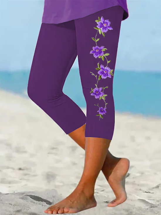 Damen Geblümt Caprihosen Elastische Taille Hose Lässig Sommer Hose