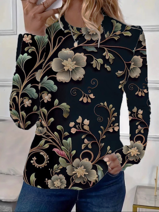 Damen Geblümt Langarm T-Shirts T-Shirt Rundhals Print Lässig Frühling/Herbst T-Shirt mit Grafik Oberteile