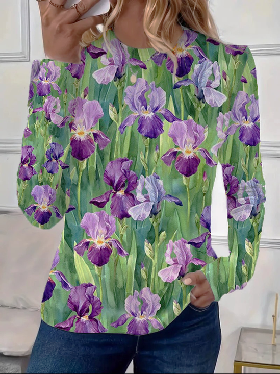 Damen Geblümt Langarm T-Shirts T-Shirt Rundhals Print Lässig Frühling/Herbst T-Shirt mit Grafik Oberteile