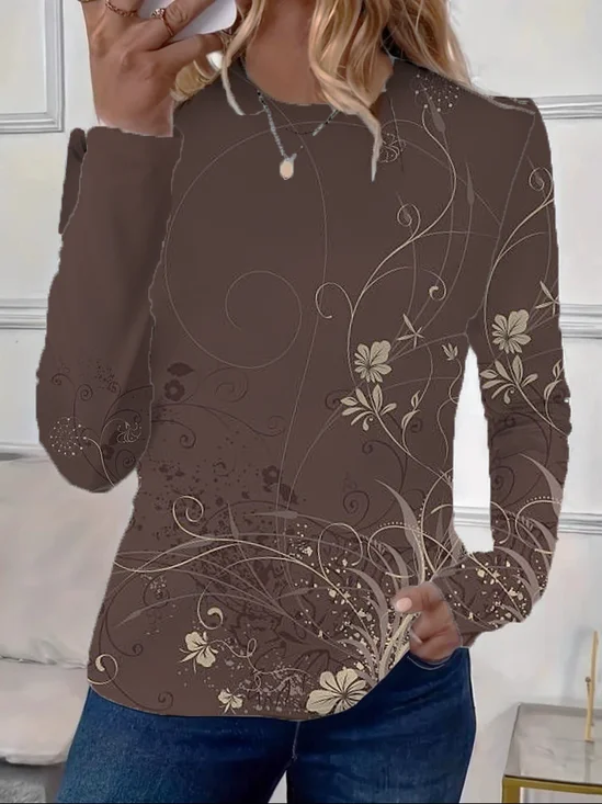 Damen Geblümt Langarm T-Shirts T-Shirt Rundhals Print Lässig Frühling/Herbst T-Shirt mit Grafik Oberteile