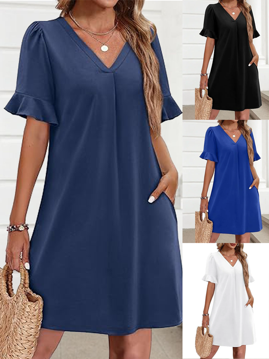 Damen Unifarben Kurzarm Sommer Kleid V-Ausschnitt Täglich Lässig Midi Passen & Flare Kleid A-Linien-Kleid