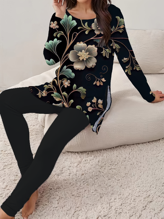 Damen Geblümt Print Zweiteiliges Set Täglich Langarm Lässig Frühling/Herbst Bluse mit Hose Matching Set