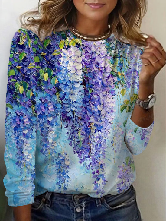 Damen Geblümt Langarm T-Shirts T-Shirt Rundhals Print Lässig Frühling/Herbst T-Shirt mit Grafik Oberteile