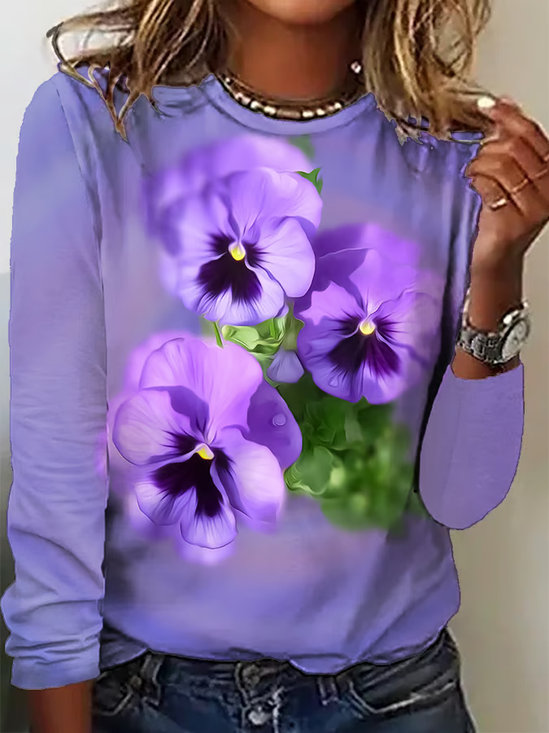 Damen Geblümt Langarm T-Shirts T-Shirt Rundhals Print Lässig Frühling/Herbst T-Shirt mit Grafik Oberteile