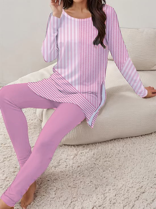Damen Gestreift Print Zweiteiliges Set Täglich Langarm Lässig Frühling/Herbst Bluse mit Hose Matching Set