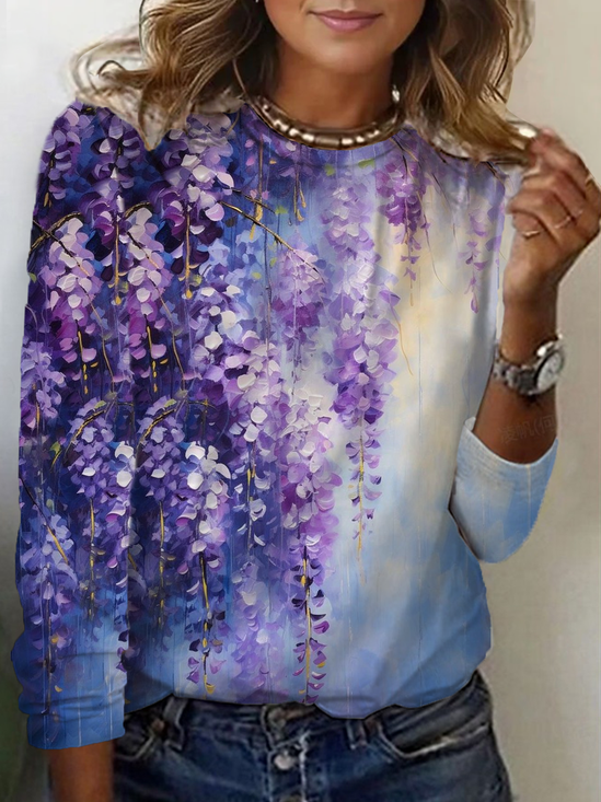 Damen Geblümt Langarm T-Shirts T-Shirt Rundhals Print Lässig Frühling/Herbst T-Shirt mit Grafik Oberteile