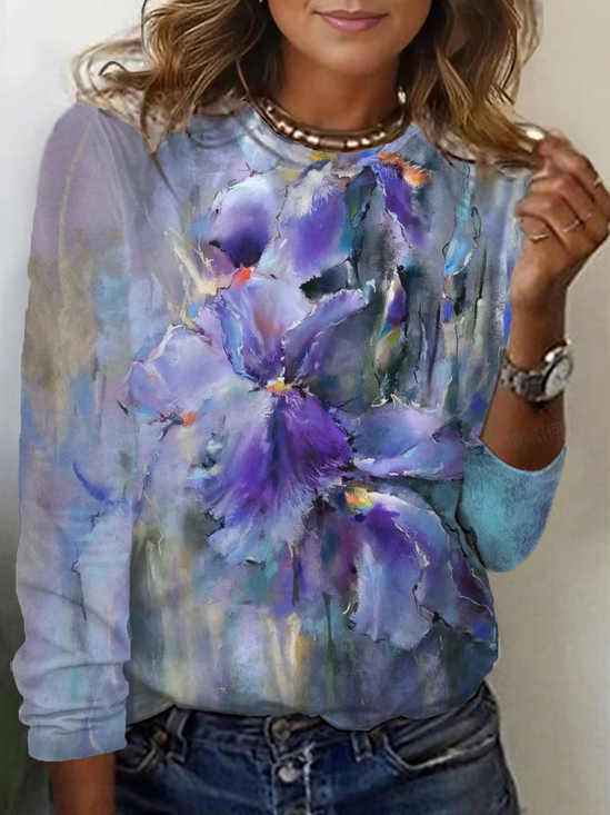 Damen Geblümt Langarm T-Shirts T-Shirt Rundhals Print Lässig Frühling/Herbst T-Shirt mit Grafik Oberteile