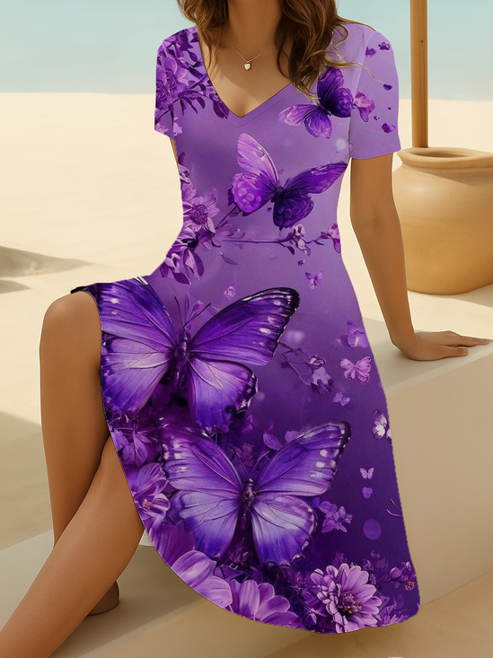 Damen Geblümt Kurzarm Sommer Print Kleid V-Ausschnitt Täglich Lässig Midi Passen & Flare Kleid A-Linien-Kleid