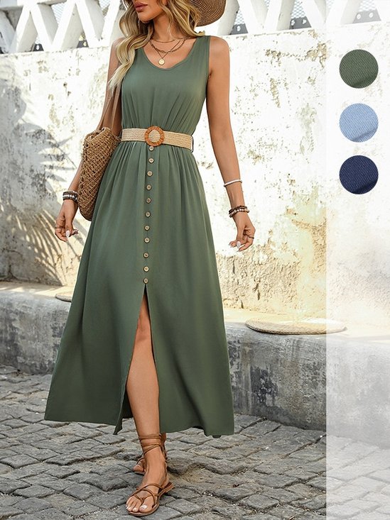 Damen Unifarben Ärmellos Sommer Nahtverarbeitung Kleid V-Ausschnitt Täglich Retro Maxikleid Tanktop A-Linien-Kleid